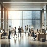 Oficinas modernas de una startup tecnológica con empleados trabajando en equipo.