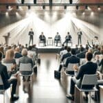 Conferencia empresarial en un escenario moderno con público atento.