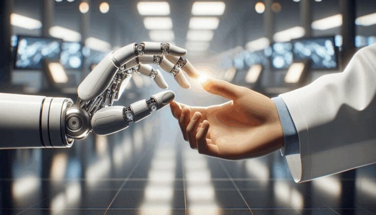Primer plano de una mano robótica y una humana tocándose, fondo difuminado de laboratorio moderno