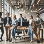 Jóvenes emprendedores trabajando en un moderno laboratorio tecnológico