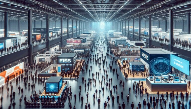 Vista panorámica de un animado evento tecnológico con múltiples stands y asistentes.