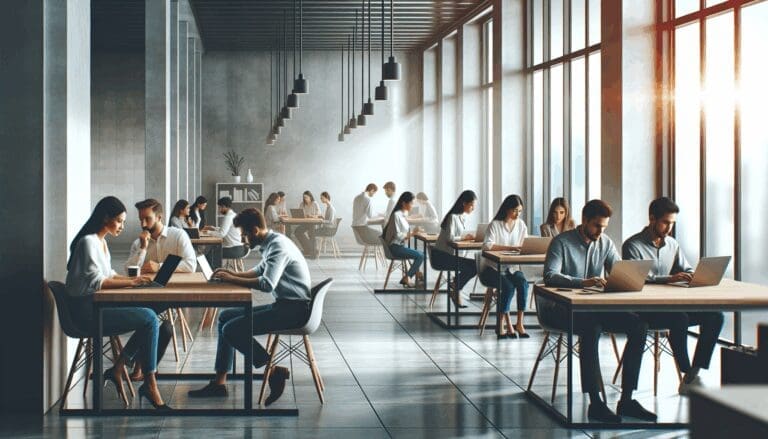 Espacio de coworking moderno con emprendedores trabajando y laptops, ambiente de colaboración.