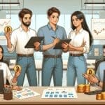 Ilustración de jóvenes emprendedores analizando gráficos digitales y monedas criptográficas en una oficina moderna.