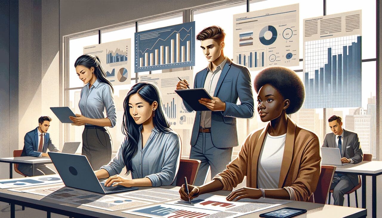 Ilustración editorial de un grupo diverso de jóvenes profesionales trabajando con gráficos y pantallas digitales en una oficina moderna.