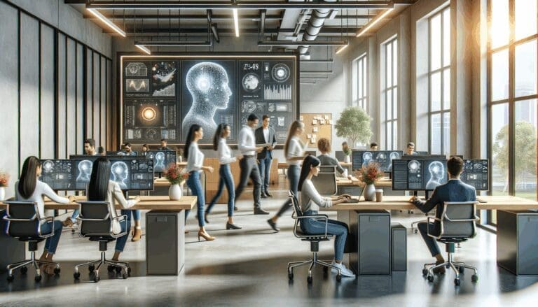 Personas interactuando en un espacio de coworking moderno con pantallas que muestran gráficos de inteligencia artificial.