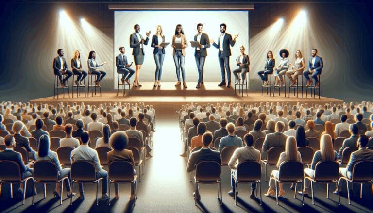 Fotografía de un evento tecnológico moderno con emprendedores presentando frente a una audiencia en un auditorio iluminado.