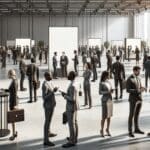 Personas de negocios interactuando en un evento moderno, con stands tecnológicos y ambiente profesional.