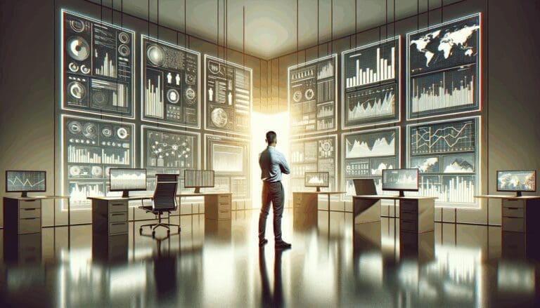 Hombre solo frente a múltiples pantallas en una oficina moderna, rodeado de gráficos y datos tecnológicos.