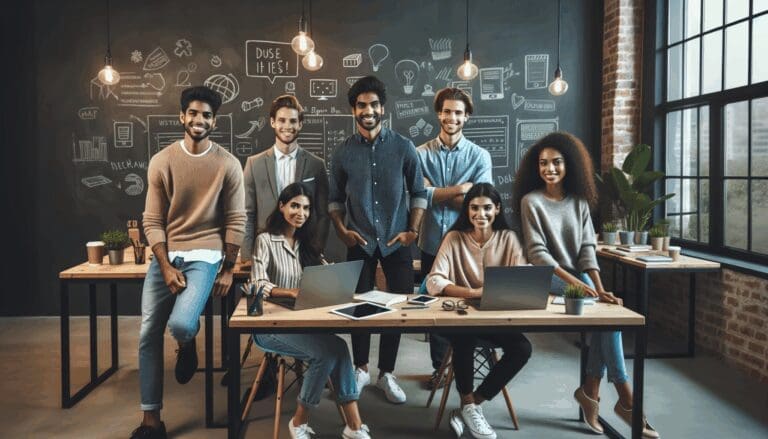 Jóvenes emprendedores trabajando juntos en un espacio de cowork rodeado de pizarras y tecnología.