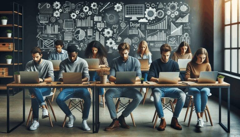 Grupo de jóvenes emprendedores trabajando en ordenadores portátiles en un espacio de coworking moderno, con pizarras y ambiente tecnológico.