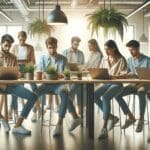 Grupo de jóvenes emprendedores colaborando en un espacio de coworking rodeados de plantas.