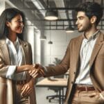 Dos emprendedores dando la mano en un moderno espacio de coworking, representando colaboración internacional.