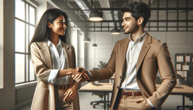 Dos emprendedores dando la mano en un moderno espacio de coworking, representando colaboración internacional.
