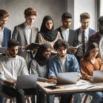 Jóvenes emprendedores en un coworking con laptops, colaborando en proyectos digitales.