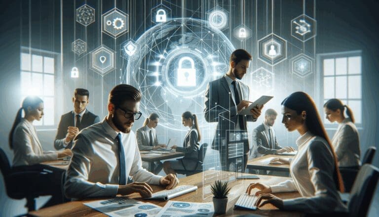 Equipo interdisciplinario trabajando en laboratorio tecnológico enfocado en seguridad digital y tecnología cuántica.