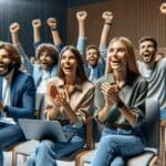 Participantes emocionados en un evento de tecnología y startups en un auditorio moderno