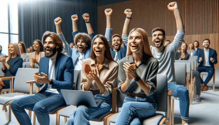 Participantes emocionados en un evento de tecnología y startups en un auditorio moderno