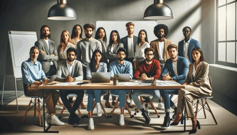 Grupo diverso de jóvenes emprendedores colaborando en una sala de conferencias moderna, laptops y pizarras interactivas visibles.
