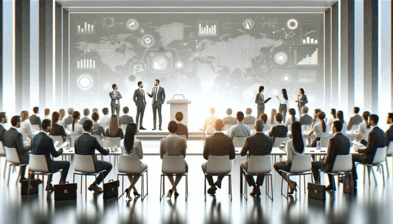 Conferencia sobre tecnología e innovación con emprendedores y expertos interactuando.