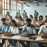 Equipo multicultural reunido en un espacio de coworking moderno con laptops y pizarras al fondo.
