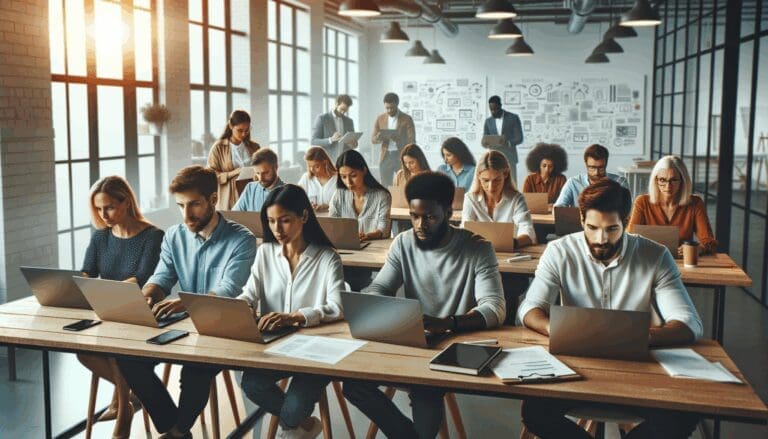 Equipo multicultural reunido en un espacio de coworking moderno con laptops y pizarras al fondo.
