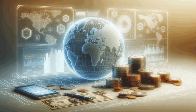 Concepto digital de transacciones globales con mapas y monedas en un fondo tecnológico