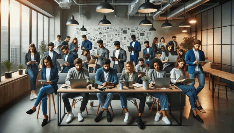 Grupo de jóvenes emprendedores reunidos en un espacio de coworking moderno, laptops y pizarras con ideas.