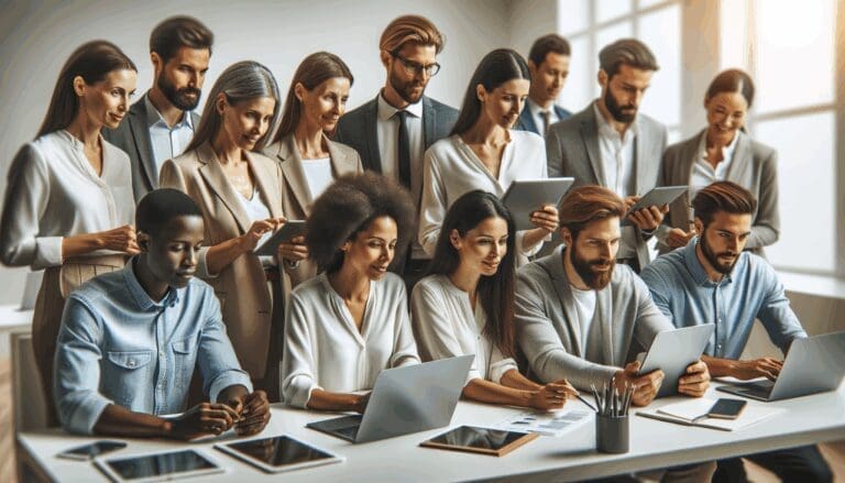 Retrato de un equipo multicultural colaborando en una oficina moderna rodeada de tecnología.