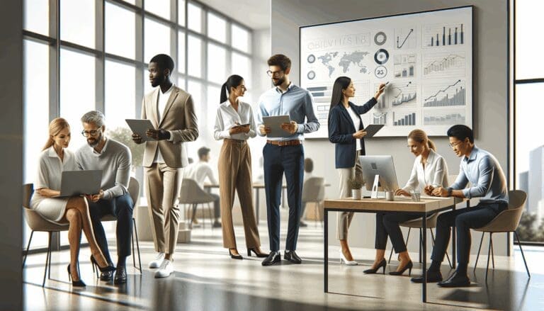 Grupo diverso de profesionales trabajando en una moderna oficina tecnológica con pizarras y laptops.