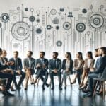 Empresarios y emprendedores discutiendo en un evento tecnológico.