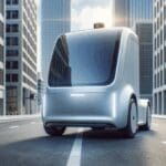 Primer plano de un moderno camión autónomo en carretera, con fondo urbano desenfocado y luz natural.