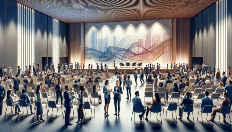 Escena vibrante en un auditorio con personas interactuando, fusionando arte y tecnología en un ambiente moderno.