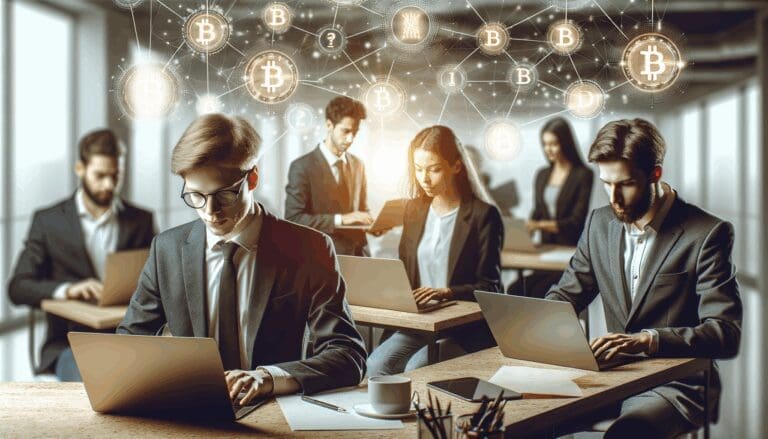 Fotografía de jóvenes emprendedores trabajando en laptops en un espacio de coworking moderno, con íconos digitales de criptomonedas superpuestos suavemente en el fondo.