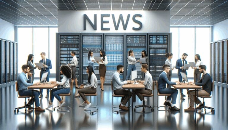 Personas colaborando frente a monitores y servidores en un centro de datos moderno