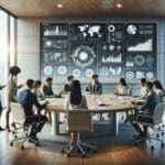 Personas colaborando en una sala de reuniones moderna con gráficos tecnológicos en pantalla.