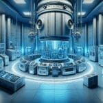 Primer plano de una sala de laboratorio futurista con maquinaria para energía nuclear bajo luz azul.