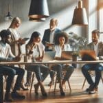 Emprendedores colaborando en un espacio de coworking moderno