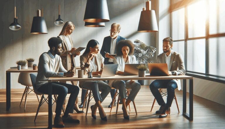 Emprendedores colaborando en un espacio de coworking moderno