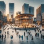 Personas caminando en una zona peatonal moderna de un centro urbano latinoamericano al atardecer