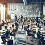 Salón iluminado con emprendedores colaborando frente a laptops y pizarras con gráficos, ambiente moderno y tecnológico.