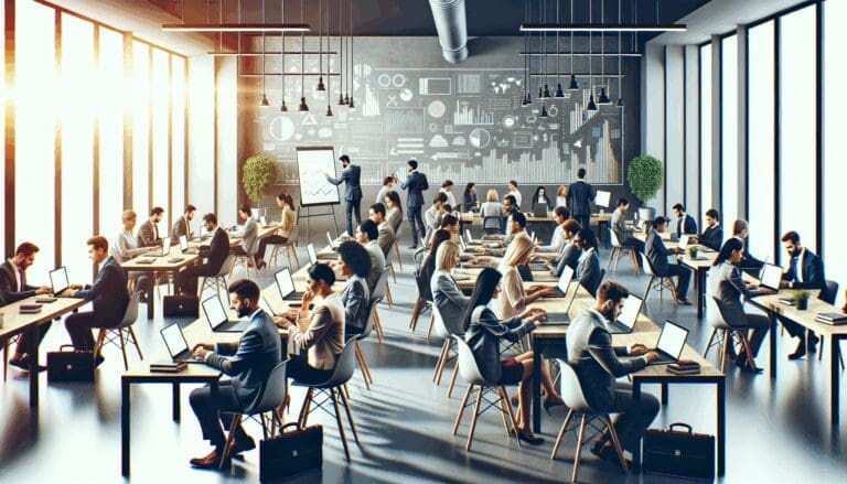 Salón iluminado con emprendedores colaborando frente a laptops y pizarras con gráficos, ambiente moderno y tecnológico.