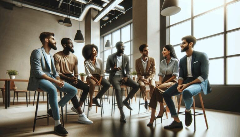 Grupo diverso de jóvenes emprendedores conversando en un espacio de coworking moderno.