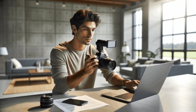 Fotografía de un joven grabando un curso en línea frente a una laptop y cámara en un espacio moderno con luz natural.