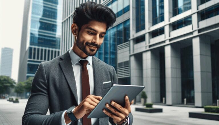 Un joven empresario revisando datos en una tablet frente a edificios modernos.