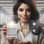 Retrato de una emprendedora presentando una aplicación de salud digital en un ambiente moderno y luminoso