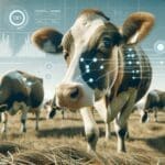 Primer plano de vacas en un campo, con sensores y gráficos digitales superpuestos.