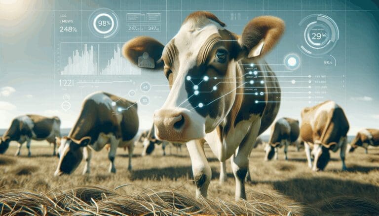 Primer plano de vacas en un campo, con sensores y gráficos digitales superpuestos.