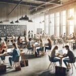 Sala amplia y luminosa con jóvenes emprendedores trabajando en laptops y pizarras, ambiente colaborativo y tecnológico.