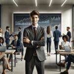 Fotografía de jóvenes emprendedores colaborando en una oficina moderna con pantallas mostrando gráficas financieras.