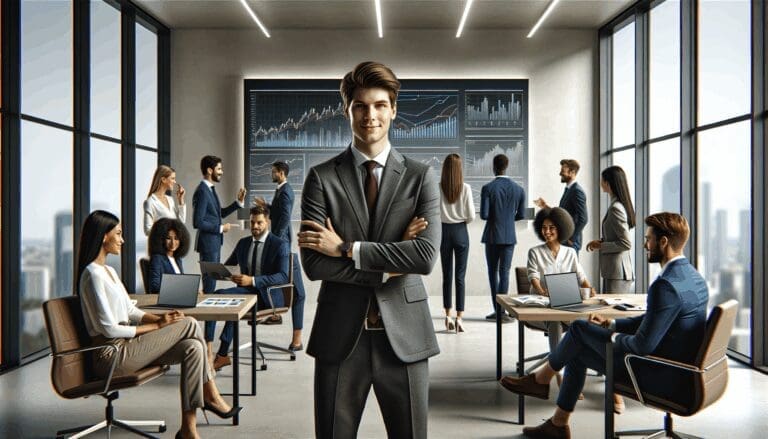 Fotografía de jóvenes emprendedores colaborando en una oficina moderna con pantallas mostrando gráficas financieras.